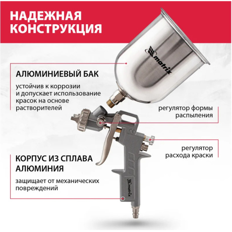Краскораспылитель пневмат. с верхним бачком V=1,0 л, сопла диаметром 1.2, 1.5 и 1.8 мм Matrix - фото 7