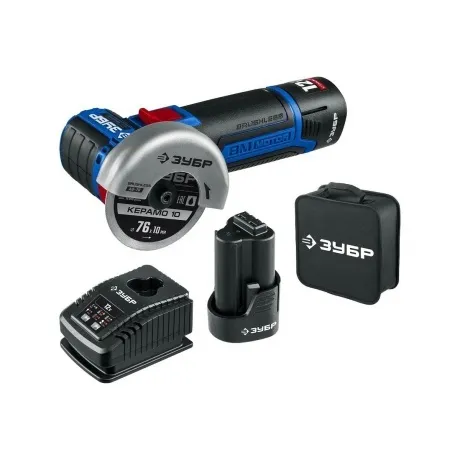 УШМ ЗУБР 12 В, D76 мм, 2 АКБ тип Т7 (4 А·ч), бесщеточная, сумка,...