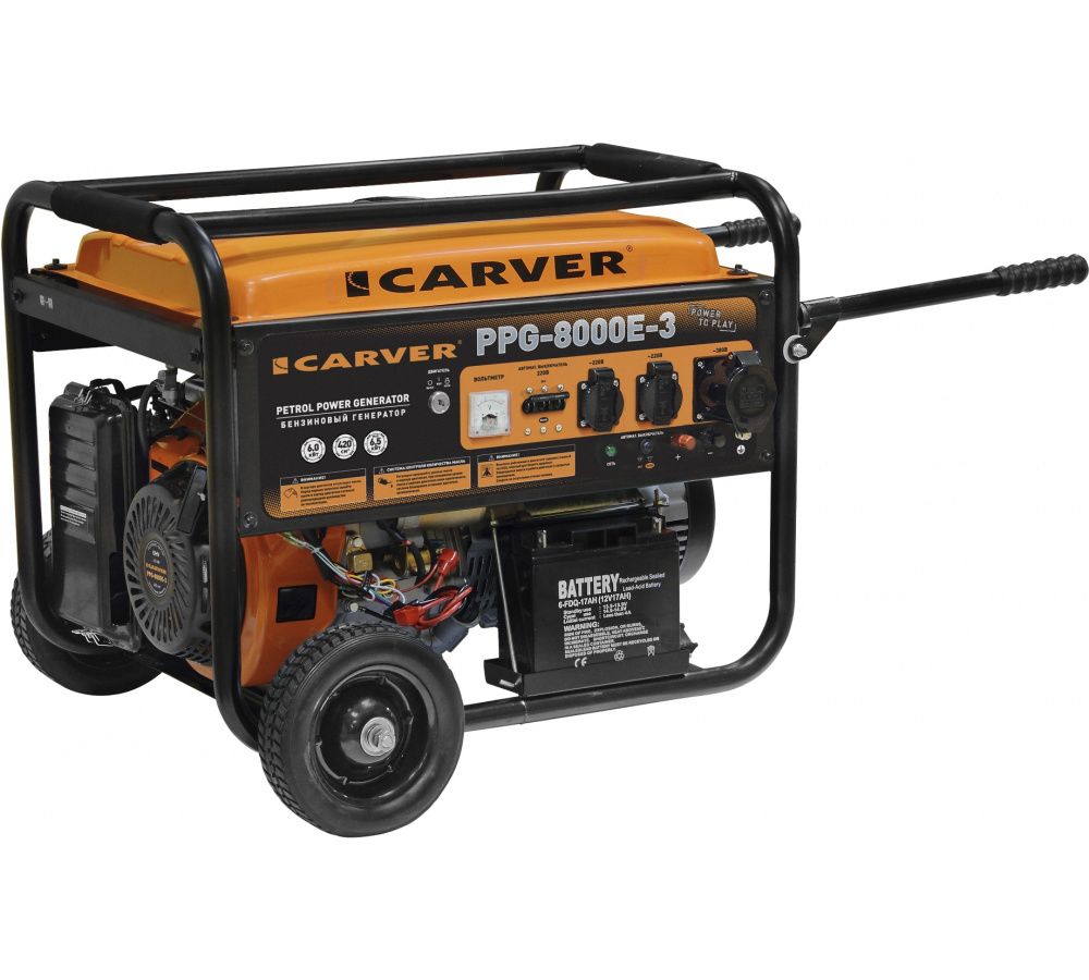 генератор carver ppg 8000e 3 lt 190f 6 0 6 5квт 220 380в бак25л эл ст колеса рук медь Генератор Carver PPG- 8000E-3 (01.020.00013)
