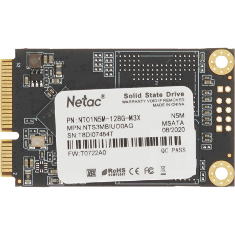 SSD накопитель Netac SSD N5M 128GB mSATA SATAIII 3D NAND, R/W up to 510/440MB/s, TBW 70TB, 3y wty