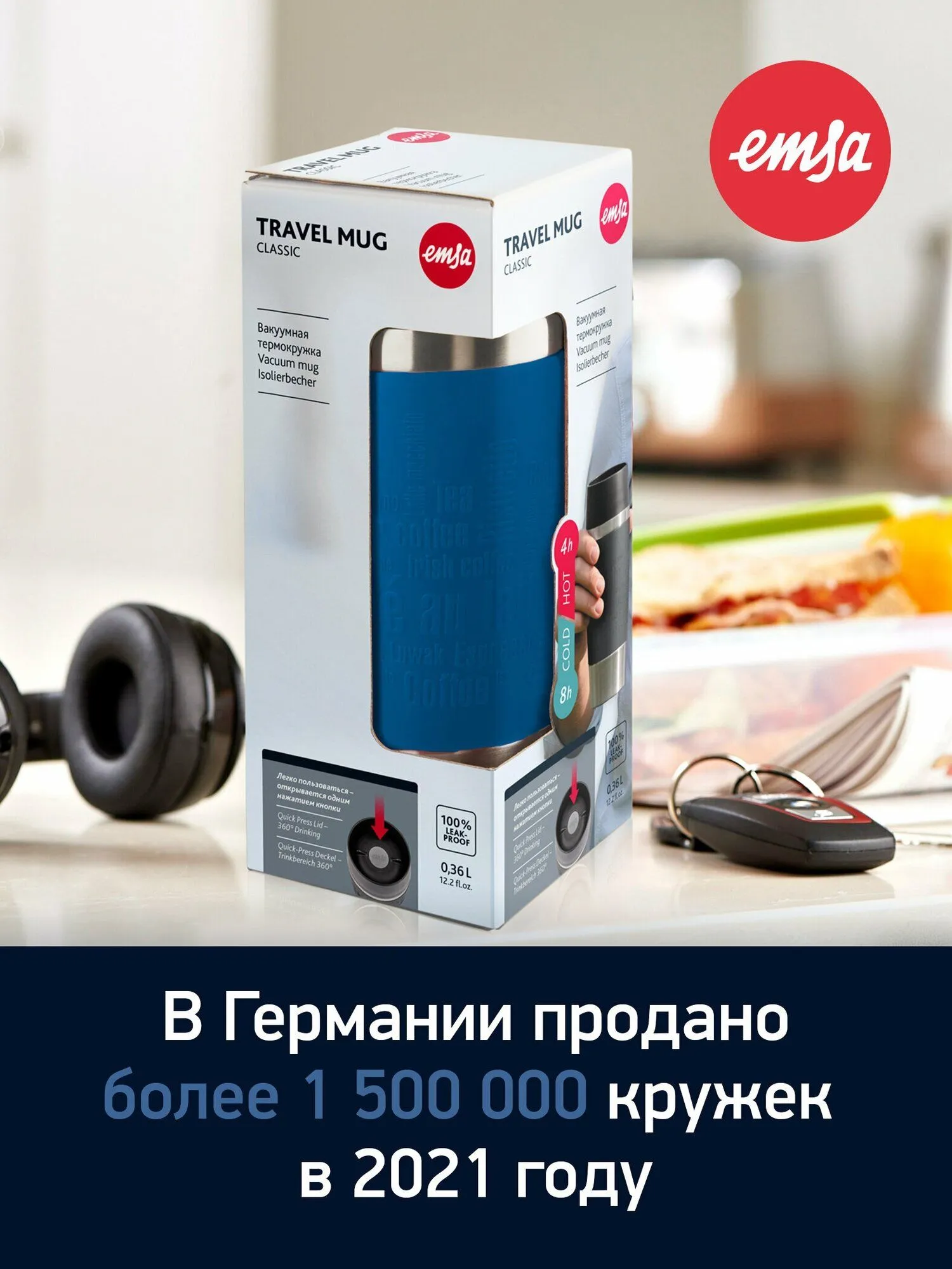 Термокружка Tefal EMSA Travel Mug 0.36л синяя - фото 18