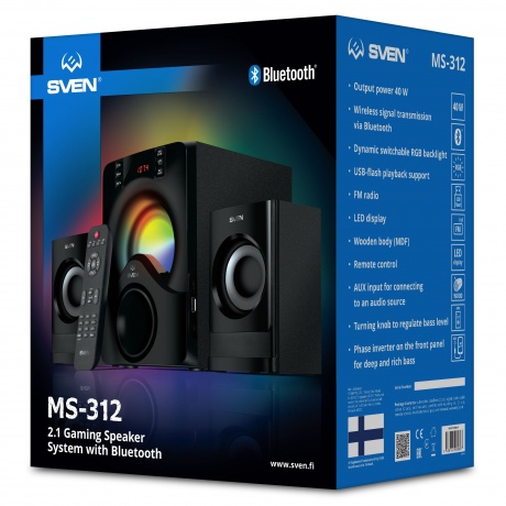 Колонки SVEN MS-312 2.1 чёрные 2x20W +  20W, Bluetooth, ПДУ, USB flash, LED-дисплей, FM-радио, RGB подсветка - фото 11