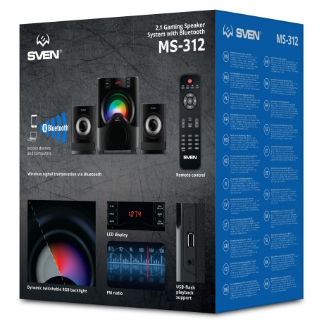 Колонки SVEN MS-312 2.1 чёрные 2x20W +  20W, Bluetooth, ПДУ, USB flash, LED-дисплей, FM-радио, RGB подсветка - фото 12