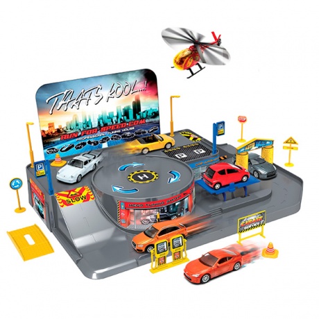 Игровой набор Welly Гараж,  включает 3 машины и вертолет 96010 - фото 1