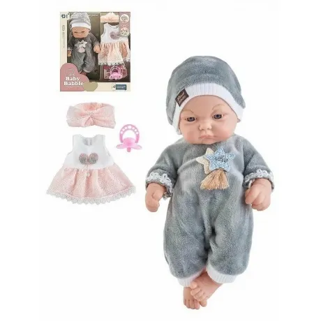 Пупс 25см в сером комбинезоне с аксессуарами в коробке платье,по...