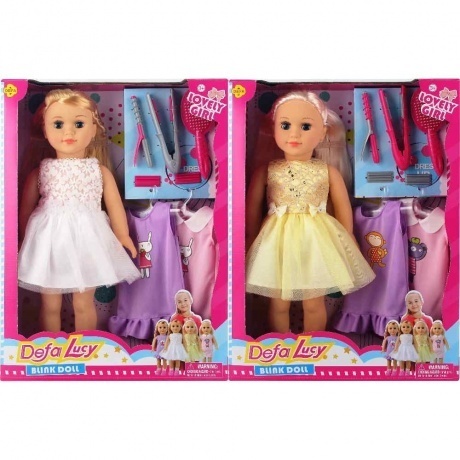 

Кукла 44 см с набором одежды и аксессуарами:2 платья,плойка, расческа,утюжок для волос 2 вида в ассортименте белое/желтое