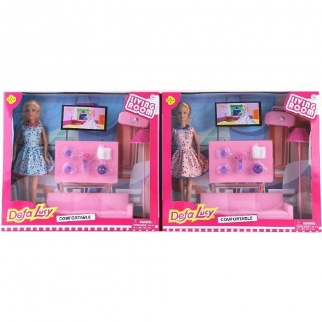 

Кукла 29 см с набором мебели для гостиной,2 вида,в коробке диван,торшер,стол,плеер,телефон,ваза,чайник,чашки с блюдцами