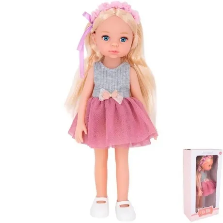 Кукла(33см) в серо-розовом платье и цветочном ободке в короб ке ...