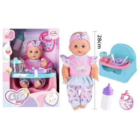 

Пупс(30см) на стульчике с аксессуарами (6 предметов), в коро бке:бутылочка(2),нагрудник,тарелка,ложка,вилка;пьет-писает