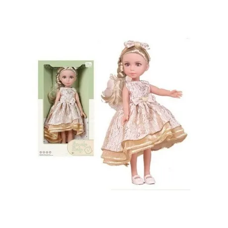 Кукла (33см) блондинка в золотистом платье с бантами в короб ке