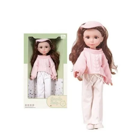 Кукла (33см) шатенка в розовом свитере, белых брюках и бейсб олк...