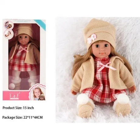 Кукла (38 см) в бежевом костюме с блузой в клетку в коробке мягк...