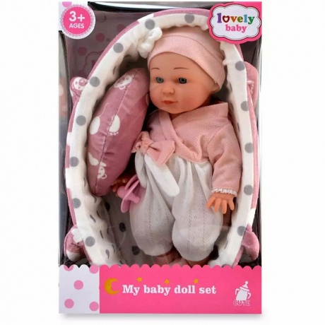 

Пупс(31см) с аксессуарами (переноска,плед,подушка,соска) в коробке;бело-розовый