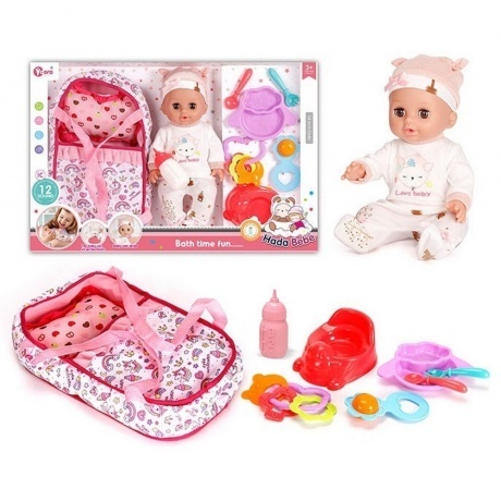 

Пупс (29 см) на батарейках (звук) с аксессуарами (переноска, рожок,горшок,погремушки,тарелка,ложка,вилка) в коробке;пьет