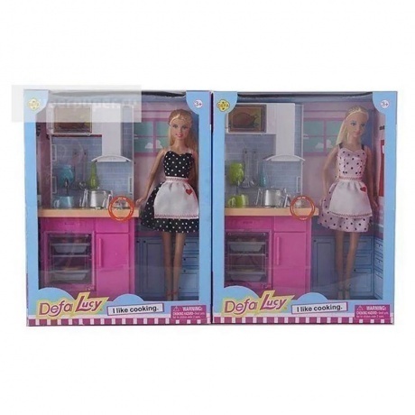 

Набор "Кукла на кухне" 29 см 2 вида в ассортименте посуда плита (свет),платье розовое/черное в горошек в коробке