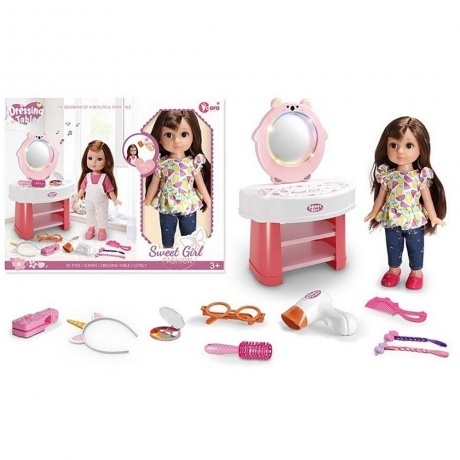 

Кукла(29см) с аксессуарами и столом на батарейках(свет,звук) в коробке:фен,ободок,плойка,расческа,заколки,очки,тени