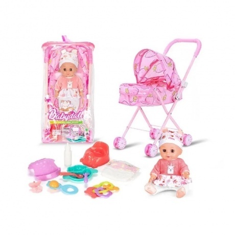 

Пупс (29см) с аксессуарами (коляска-люлька,рожок,подгузник,с оска,погремушки,горшок,нагрудник,тарелка,приборы) в сумке