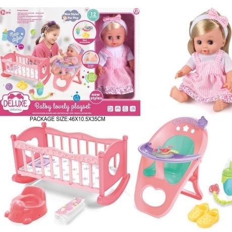 

Кукла(30см) на батарейках(звук) в сарафане с аксессуарами: люлька,стульчик,горшок,подгузник,соска,бутылочка,ложка,миска