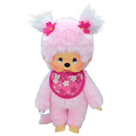 Мягкая игрушка Monchhichi 20 см девочка с розовой шерсткой в слюнявчике сакура - фото 2