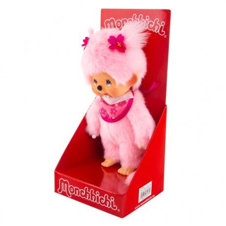 Мягкая игрушка Monchhichi 20 см девочка с розовой шерсткой в слюнявчике сакура - фото 3