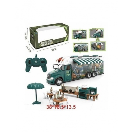 

Грузовой автомобиль Dinosaurs King на РУ (свет) в коробке прилавок,столы,стулья,зонт,посуда,продукты