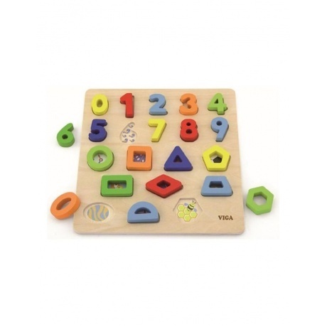 

Блочный пазл (цифры и геометрические фигуры)в коробке 10 цифр,10 геометрических фигур VIGA 50119