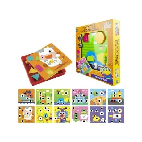 Игра мозаика настольная 1TOY ИГРА ДРОМ "Кнопик Геометрия", 12 тр...