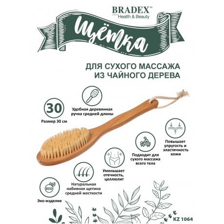 Щётка для сухого массажа Bradex из чайного дерева с щетиной кактуса с ручкой 30 см - фото 4