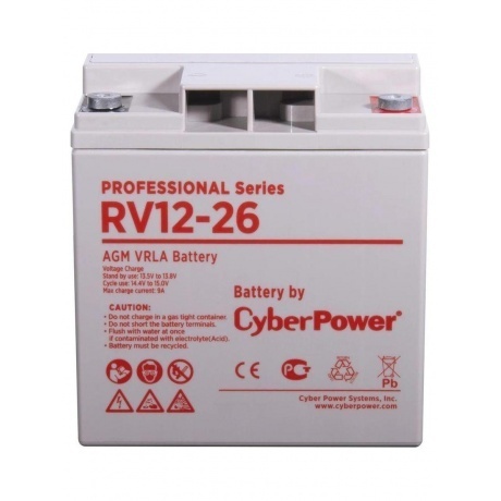 

Аккумуляторная батарея CyberPower RV 12-26 напряжение 12В, емкость 26Ач, клемма Болт М6 (ДхШхВ: 166х128х175мм Полная высота 175мм; 9,2кг; Срок службы 3лет)