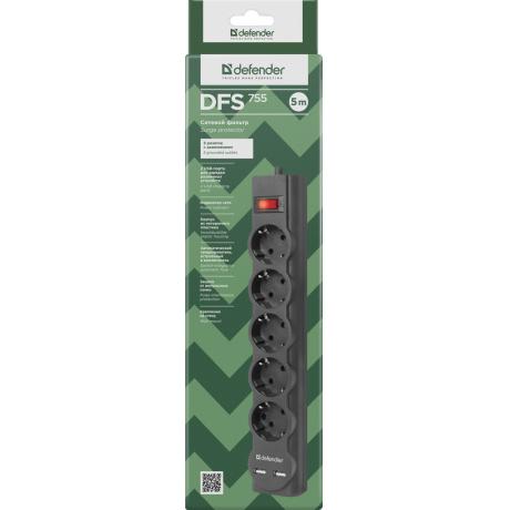 Сетевой фильтр Defender DFS 755 5,0 м, 5 розеток, 2xUSB, 2.1A (99755) - фото 5