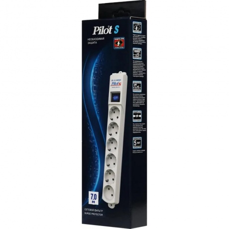 Сетевой фильтр Pilot S 7м (6 розеток) белый - фото 7