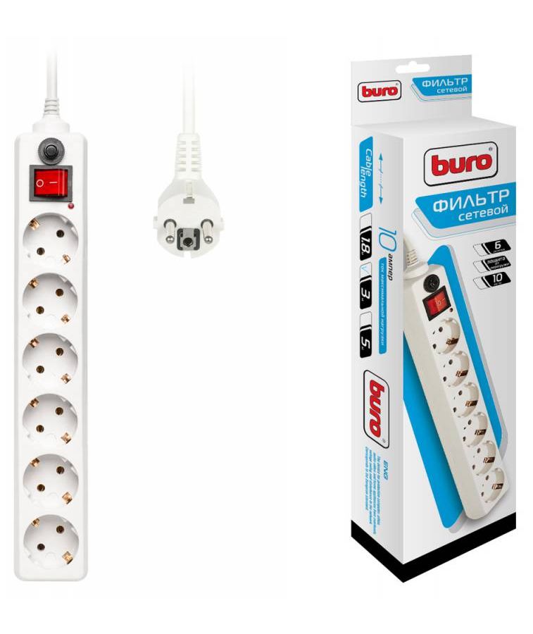 цена Сетевой фильтр Buro 600SH-3-W 3м (6 розеток) белый