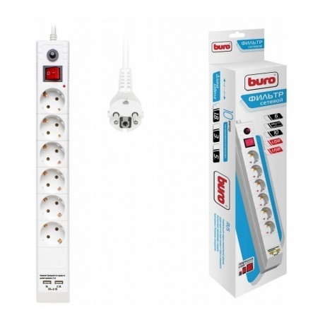 

Сетевой фильтр Buro BU-SP1.8_USB_2A-W 1.8м (6 розеток) белый
