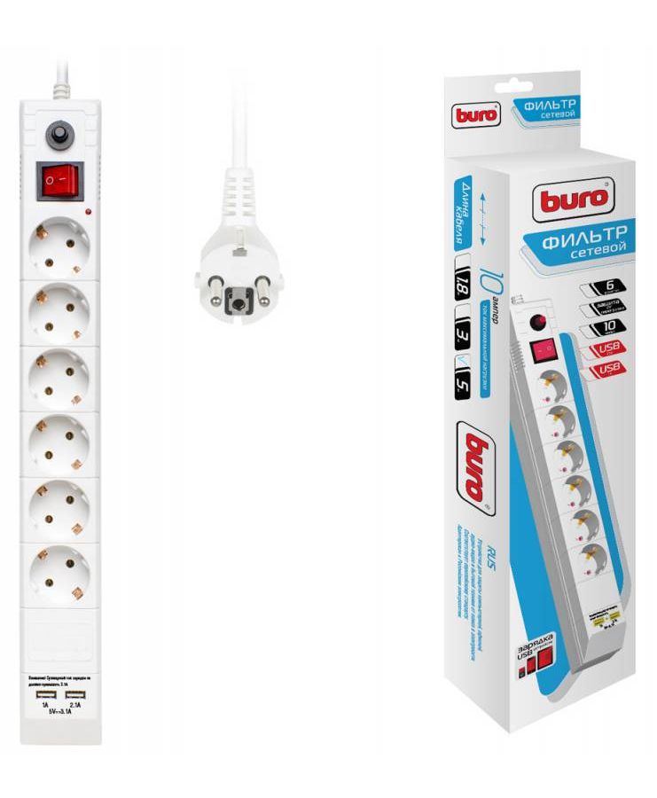 Сетевой фильтр Buro BU-SP5_USB_2A-W 5м (6 розеток) белый сетевой фильтр buro bu psl2 1 w 1 5м 2 розетки белый