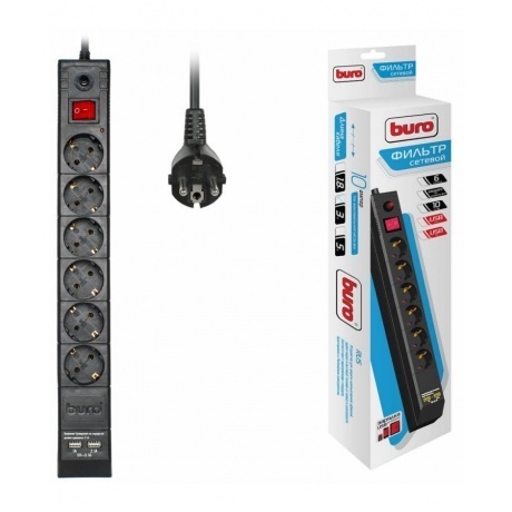 

Сетевой фильтр Buro BU-SP3_USB_2A-B 3м (6 розеток) черный