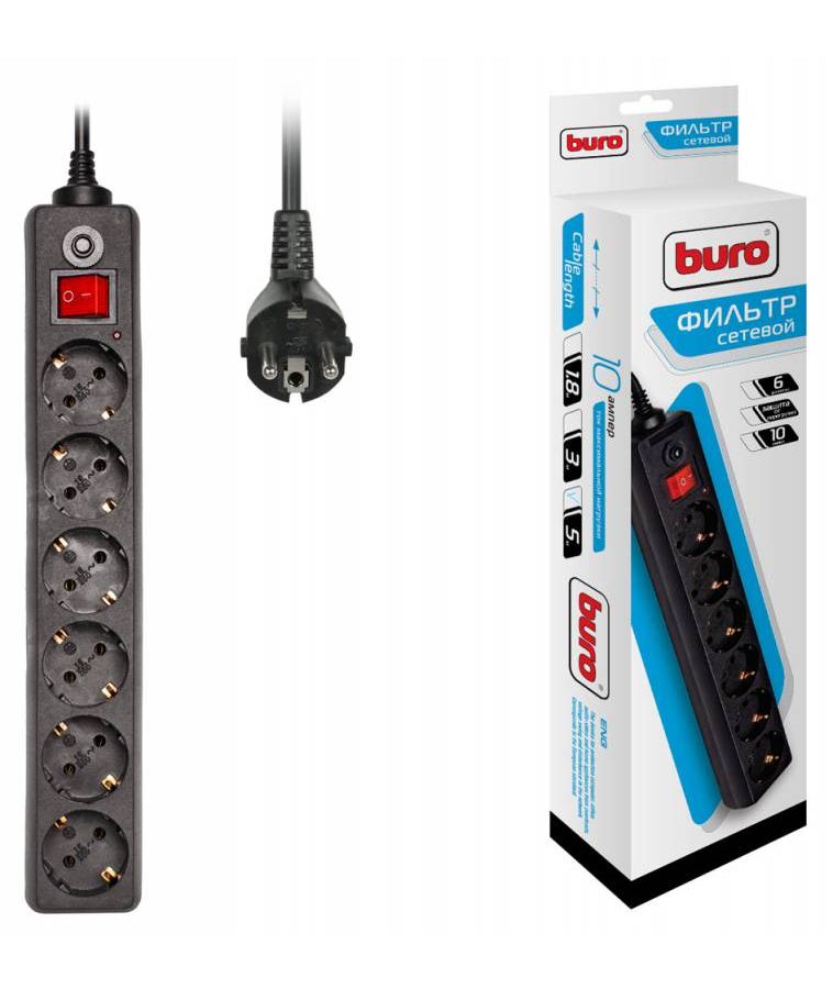 Сетевой фильтр Buro 600SH-5-B 5м (6 розеток) черный аксессуары сетевой фильтр buro bu ps1 5 b