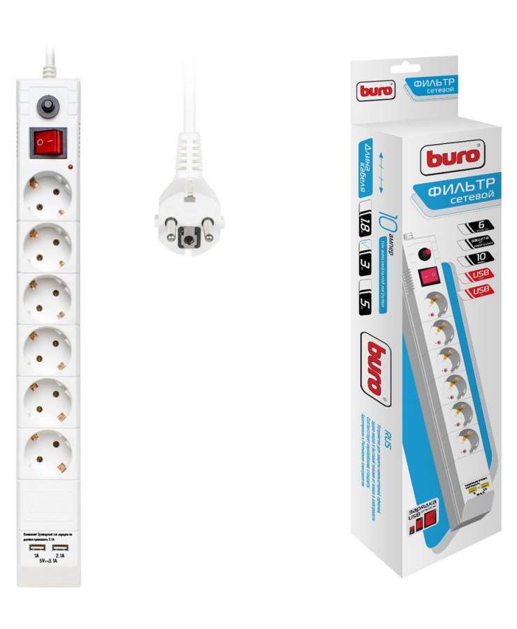 Сетевой фильтр Buro BU-SP3_USB_2A-W 3м (6 розеток) белый сетевой фильтр buro bu sp5 usb