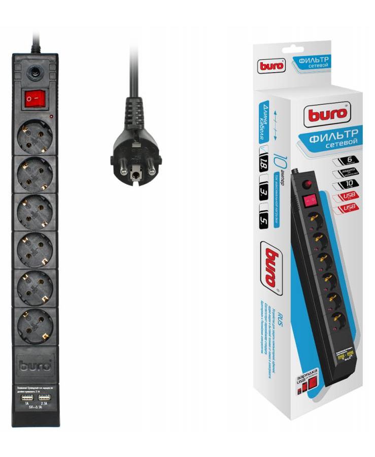Сетевой фильтр Buro BU-SP1.8_USB_2A-B 1.8м (6 розеток) черный сетевой фильтр buro bu sp5 usb