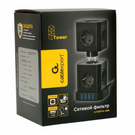 Сетевой фильтр Gembird Cablexpert Tower 9 Sockets 4хUSB 2m Black TWR-9-U4-B-2 - фото 6