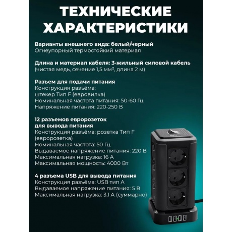 Сетевой фильтр Ritmix RM-2124 12 Sockets 2m Black - фото 11