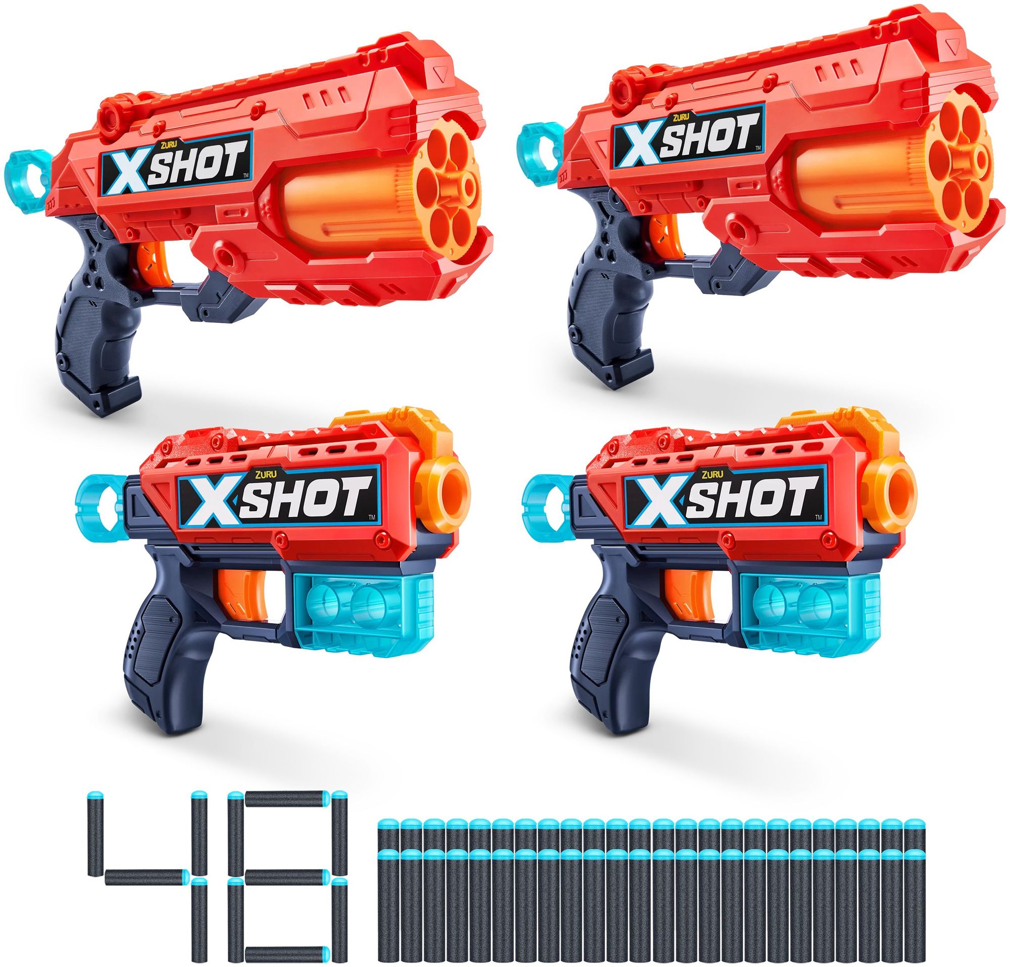 Игровой набор из 4-х бластеров ZURU X-SHOT Комбо: 2 Кикбэк и 2 Рефекс, с мягкими дротиками в комплекте (48 шт.), 36234 - фото 1