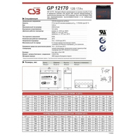 Батарея для ИБП CSB GP12170 B3 12В 17Ач - фото 8