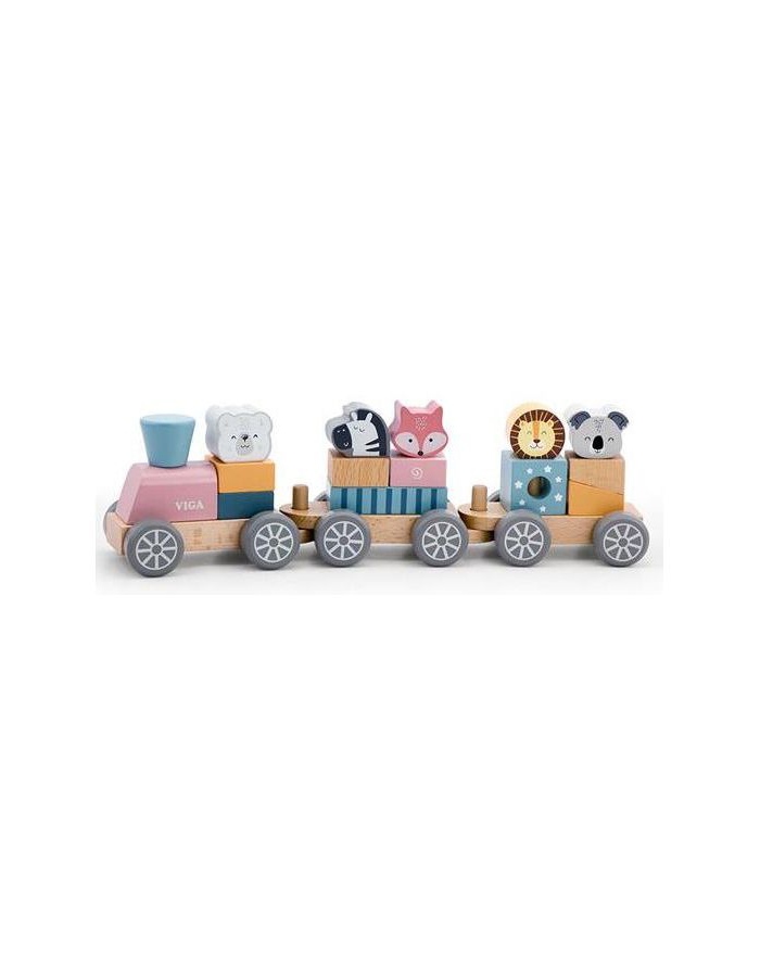 Конструктор-каталка Поезд с вагонами в коробке 15 блоков разных форм и размеров,локомотив,2 вагона VIGA 44015 хоровод поезд с животными woodland toys