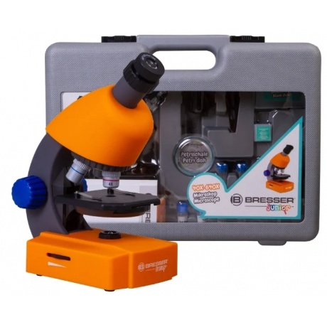 Микроскоп Bresser Junior 40–640x оранжевый с набором для опытов, в кейсе - фото 15