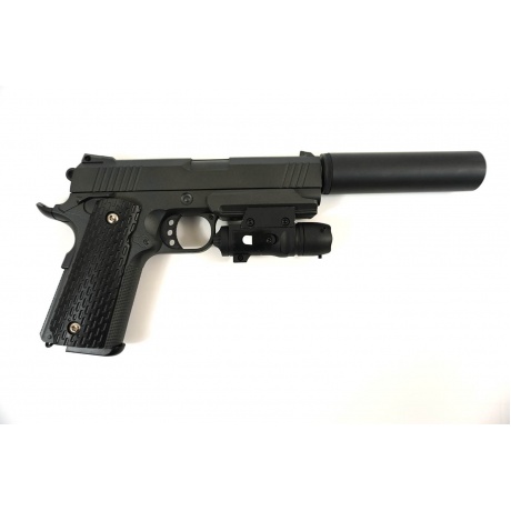 Страйкбольный пистолетс глушителем и ЛЦУ Galaxy G.25A Colt 1911 PD Rail - фото 5