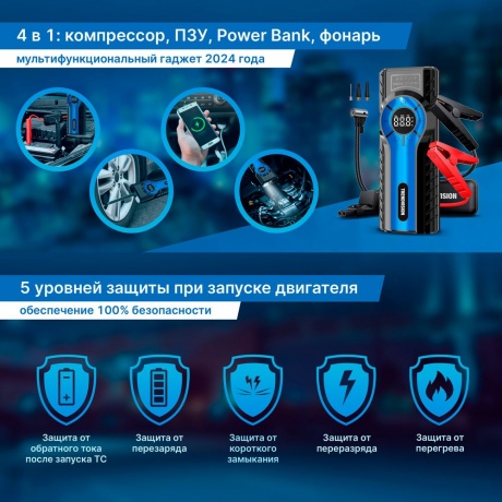 Устройство мультифункциональное TrendVision Start Compressor (пуско-зарядное устройство, беспроводной компрессор, power bank, фонарик) - фото 2