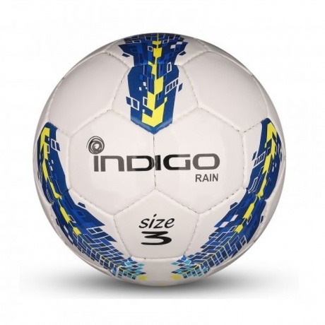 Мяч футбольный №3 INDIGO RAIN тренировочный (PU SEMI) Юниор, IN031, Бело-сине-желтый, - фото 1