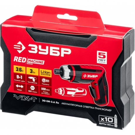 Отвертка аккумуляторная трансформер ЗУБР ViX-T 3.6 В, кейс, 10 бит (ЗО-ЕМ-3.6 Ли) - фото 3