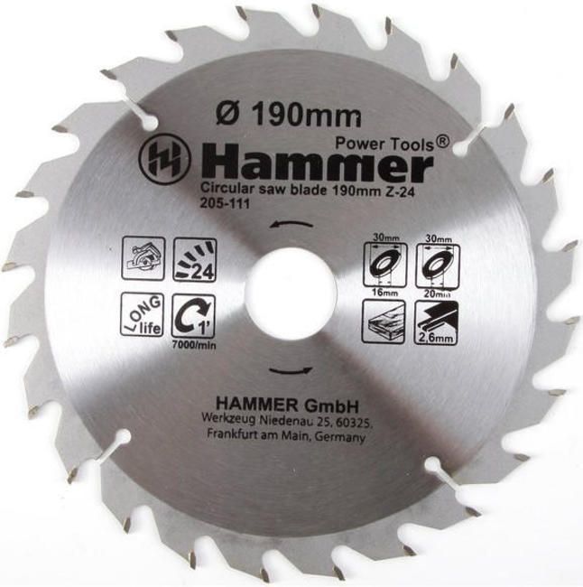 Диск пильный Hammer Flex 205-111 CSB WD  190мм*24*30/20/16мм по дереву - фото 1
