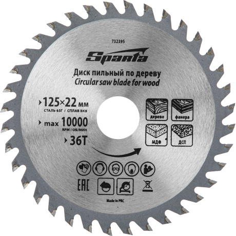 Пильный диск по дереву Sparta 732395, ф125 х 22 мм, 36 зубьев